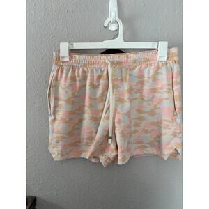 Fabletics pink/brown/blue/cream camo linerless shorts size L.